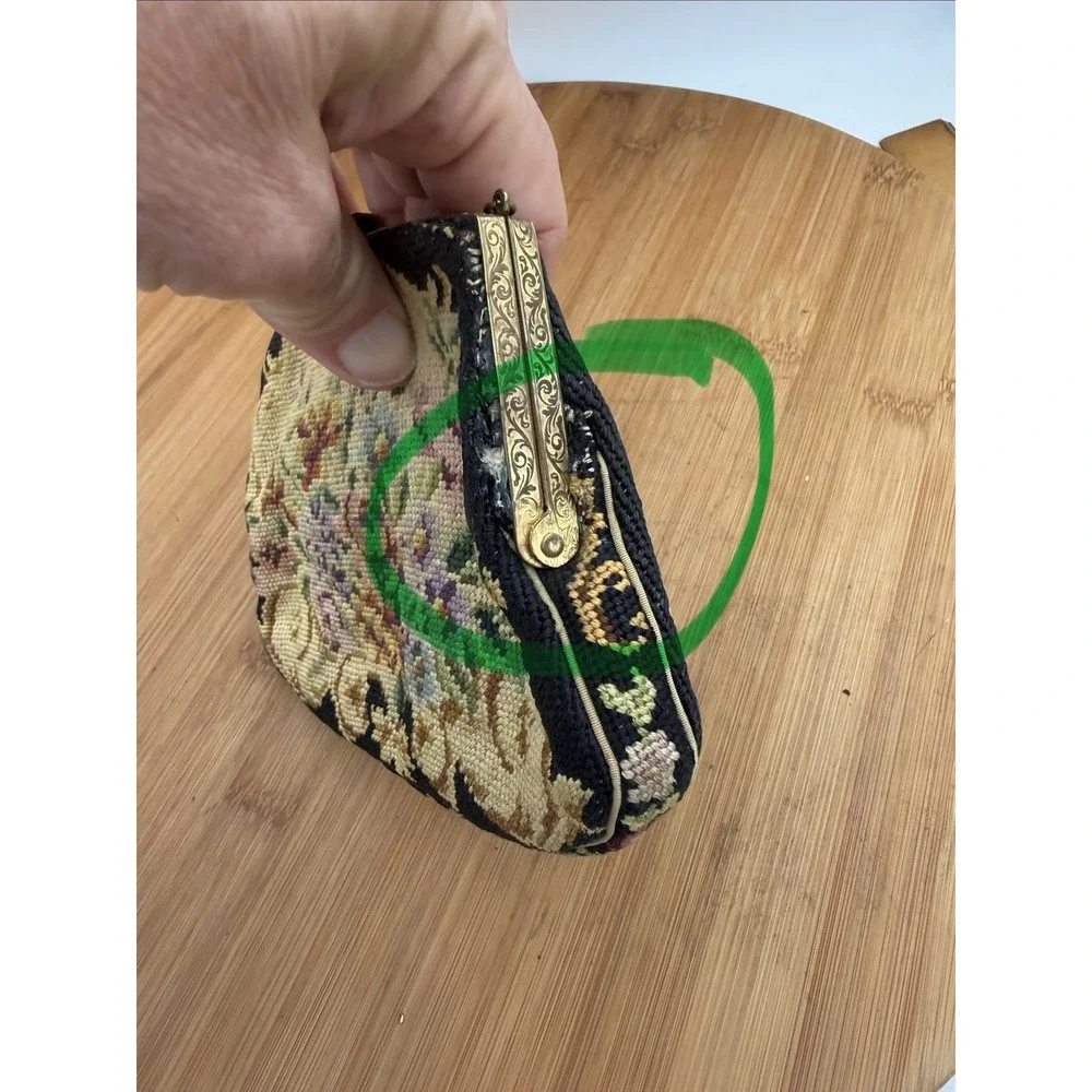 Victorian Style Floral Embroidered Tapestry Evening Bag with Brass Chain & Clasp